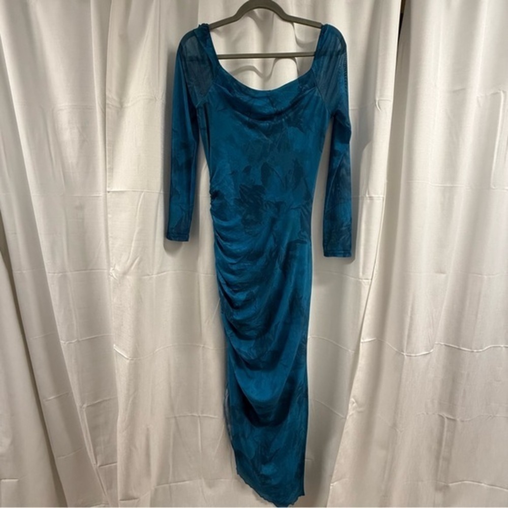 Teal Long Sleeve Ruched Bodycon Midi Dress Size Small